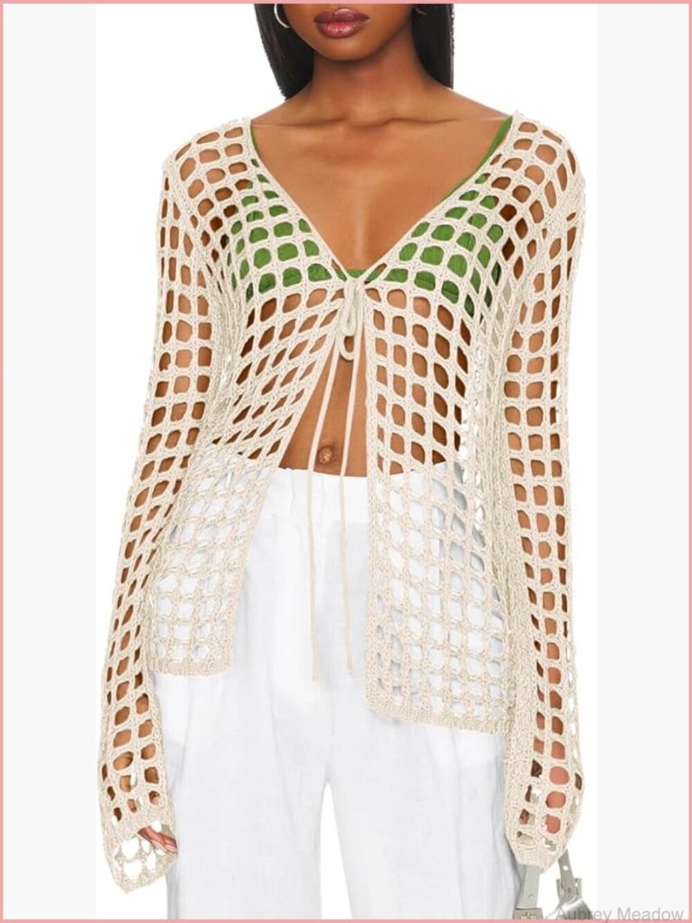 Long Sleeve Crochet Knit Swimsuit Coverup Cardigan Tie Front Hollow Out Beach